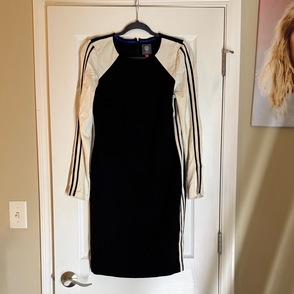 Vince Camuto Black and Cream Long Sleeve Dress
